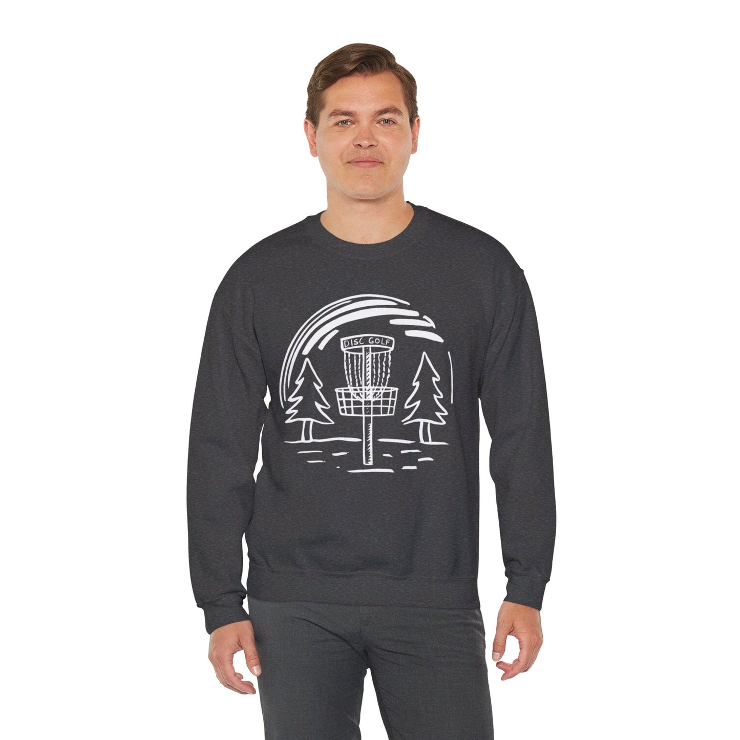 Simple Hand-Drawn Disc Golf Basket and Trees (White Print) - Unisex Heavy Blend™ Crewneck Sweatshirt