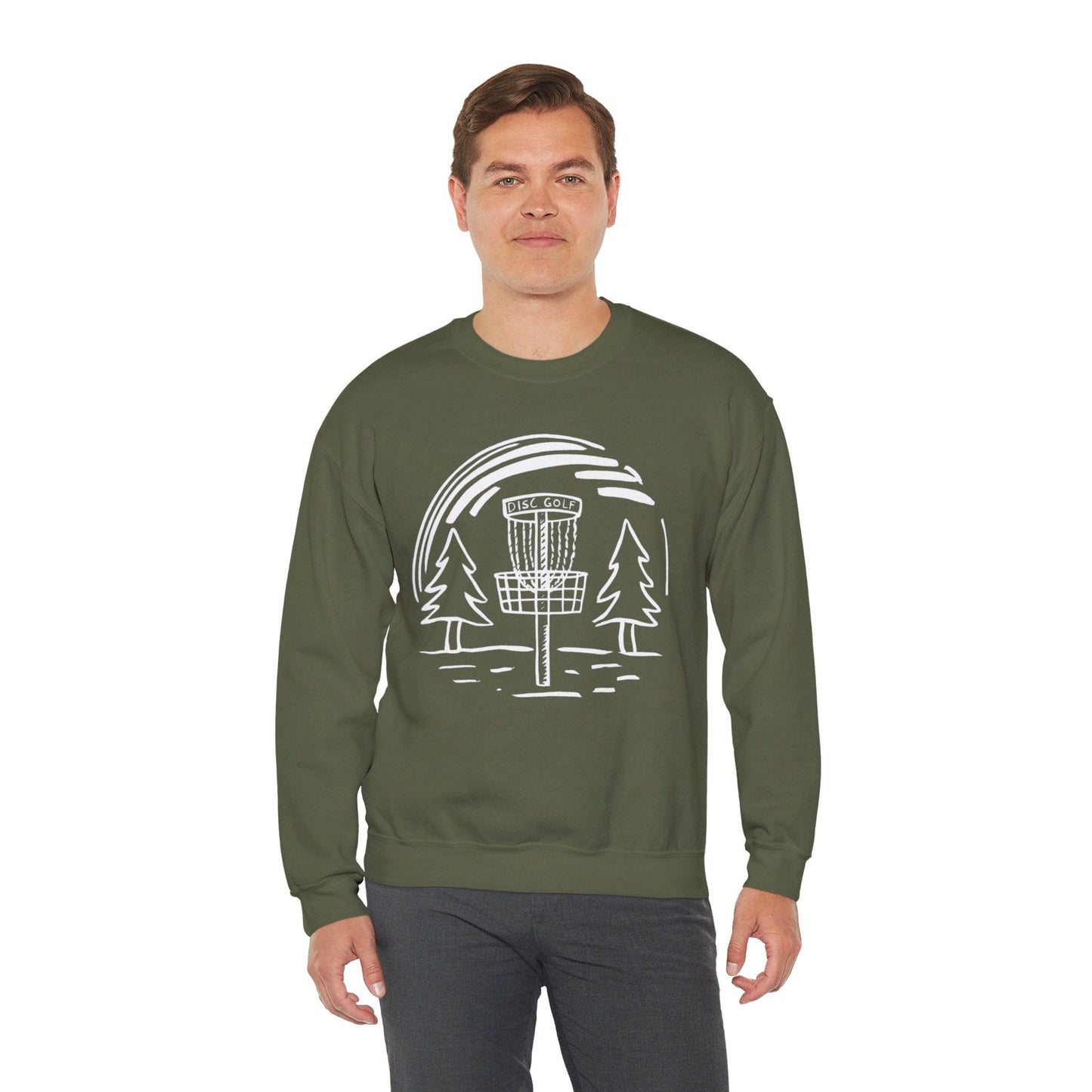 Simple Hand-Drawn Disc Golf Basket and Trees (White Print) - Unisex Heavy Blend™ Crewneck Sweatshirt