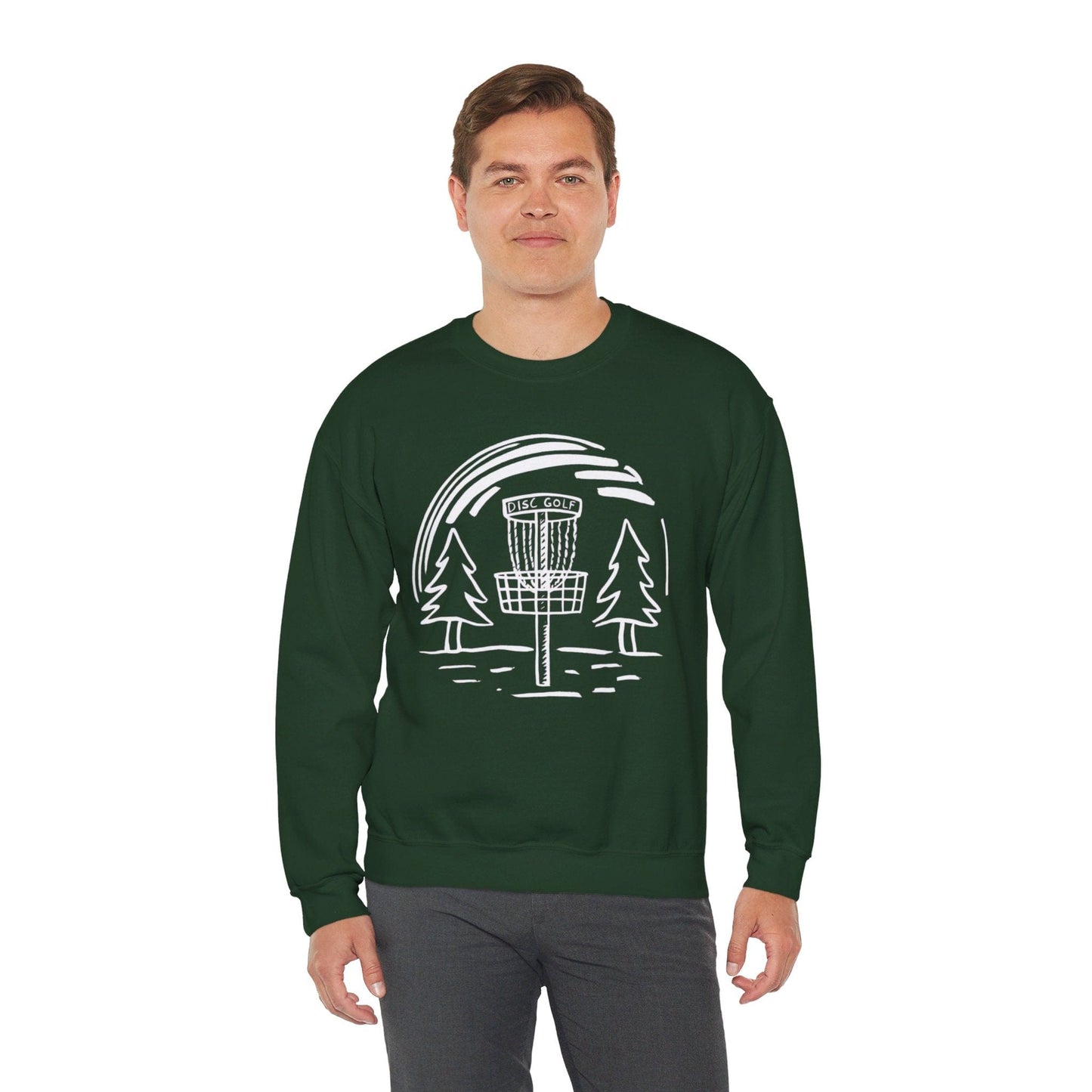 Simple Hand-Drawn Disc Golf Basket and Trees (White Print) - Unisex Heavy Blend™ Crewneck Sweatshirt