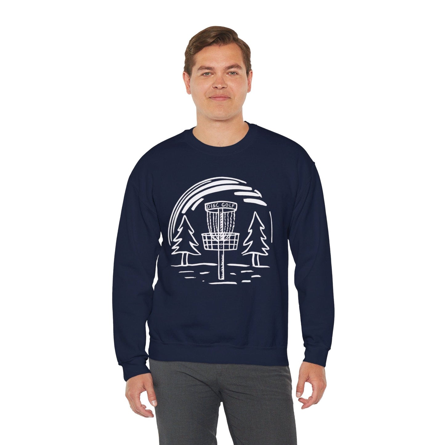 Simple Hand-Drawn Disc Golf Basket and Trees (White Print) - Unisex Heavy Blend™ Crewneck Sweatshirt