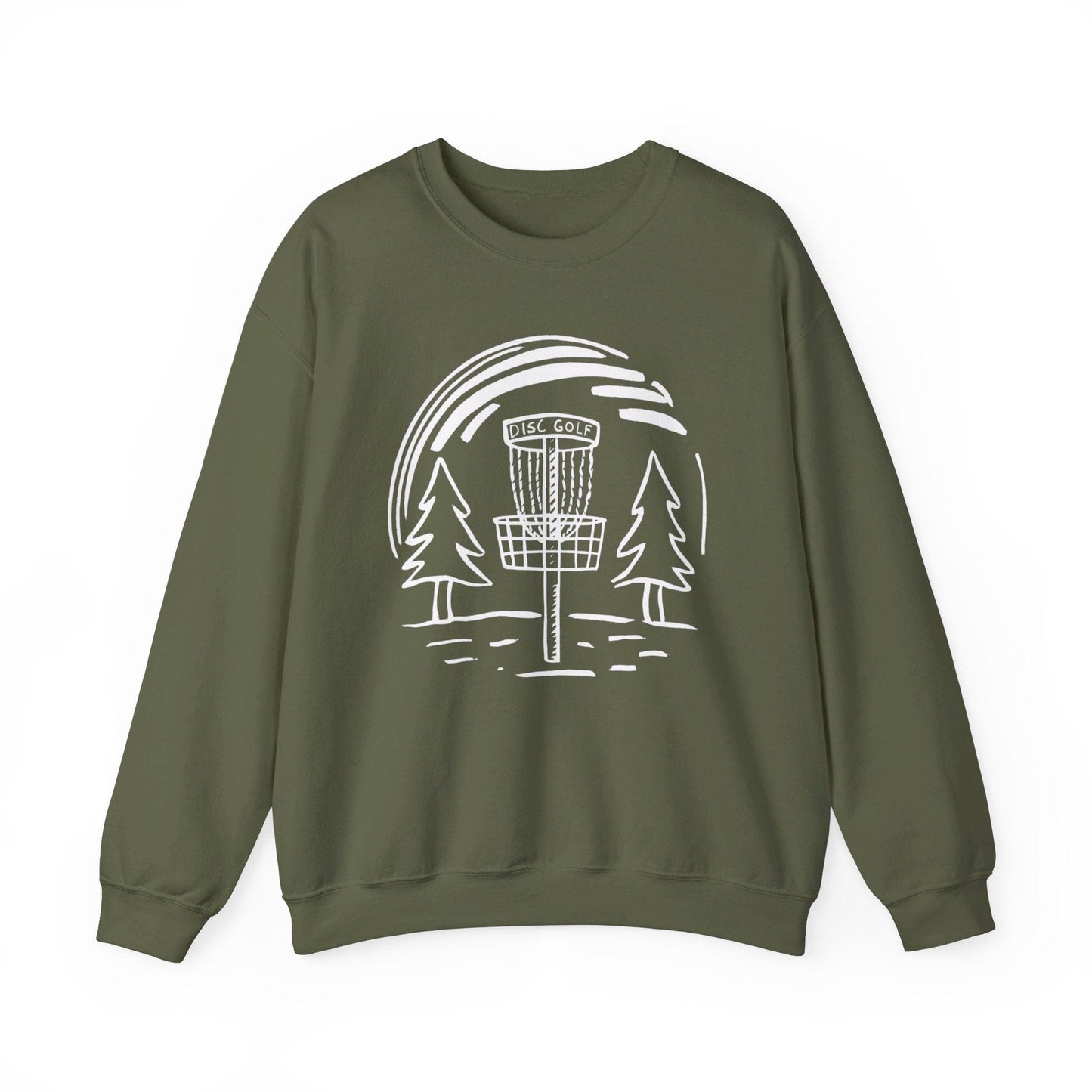 Simple Hand-Drawn Disc Golf Basket and Trees (White Print) - Unisex Heavy Blend™ Crewneck Sweatshirt