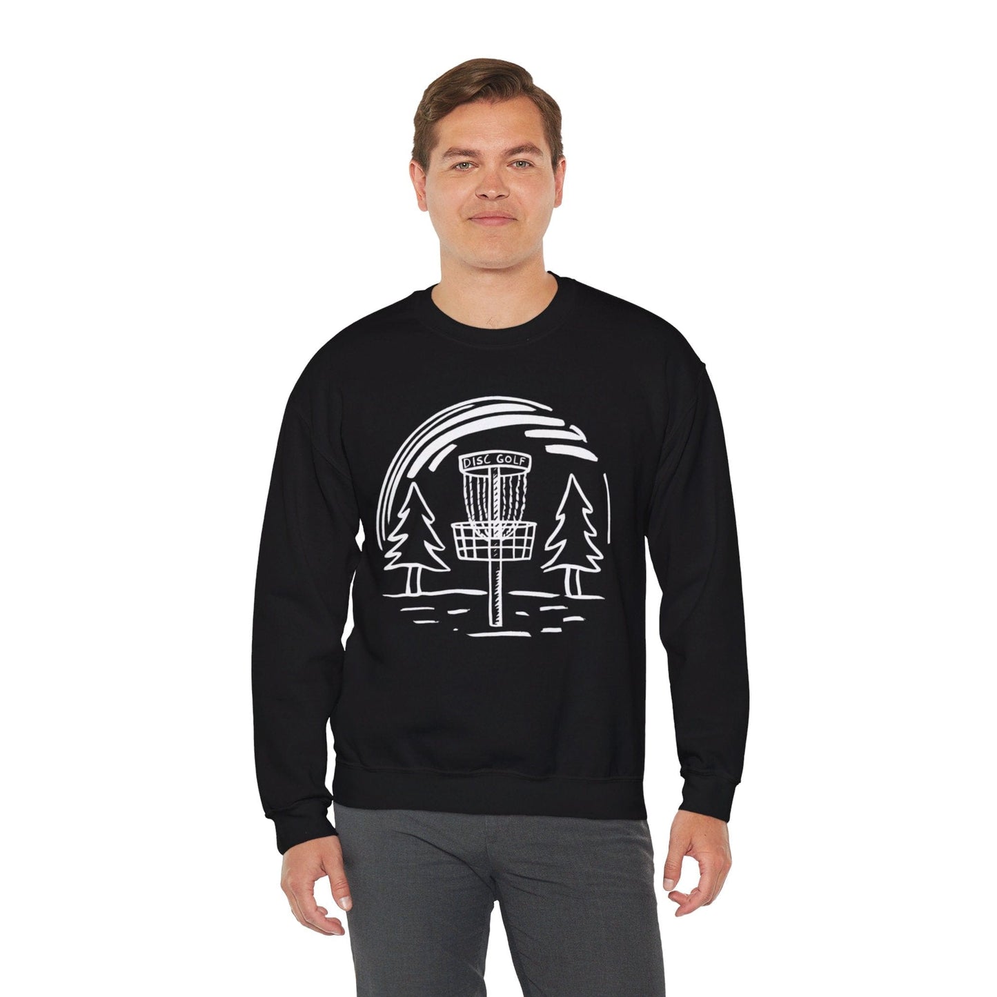 Simple Hand-Drawn Disc Golf Basket and Trees (White Print) - Unisex Heavy Blend™ Crewneck Sweatshirt