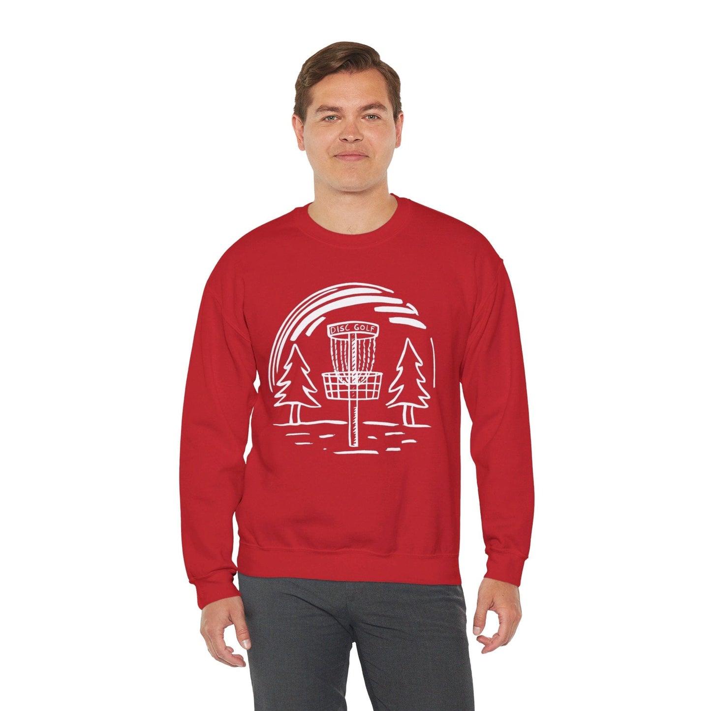 Simple Hand-Drawn Disc Golf Basket and Trees (White Print) - Unisex Heavy Blend™ Crewneck Sweatshirt