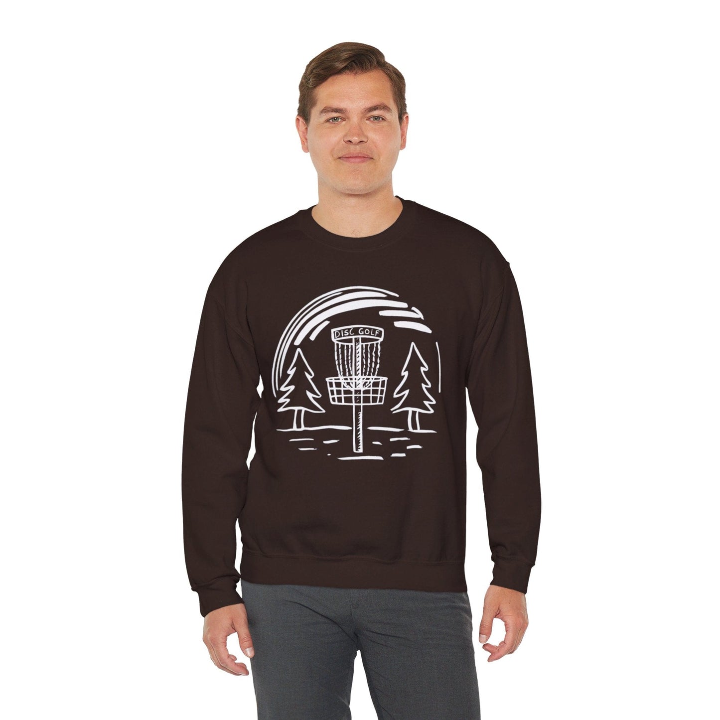 Simple Hand-Drawn Disc Golf Basket and Trees (White Print) - Unisex Heavy Blend™ Crewneck Sweatshirt