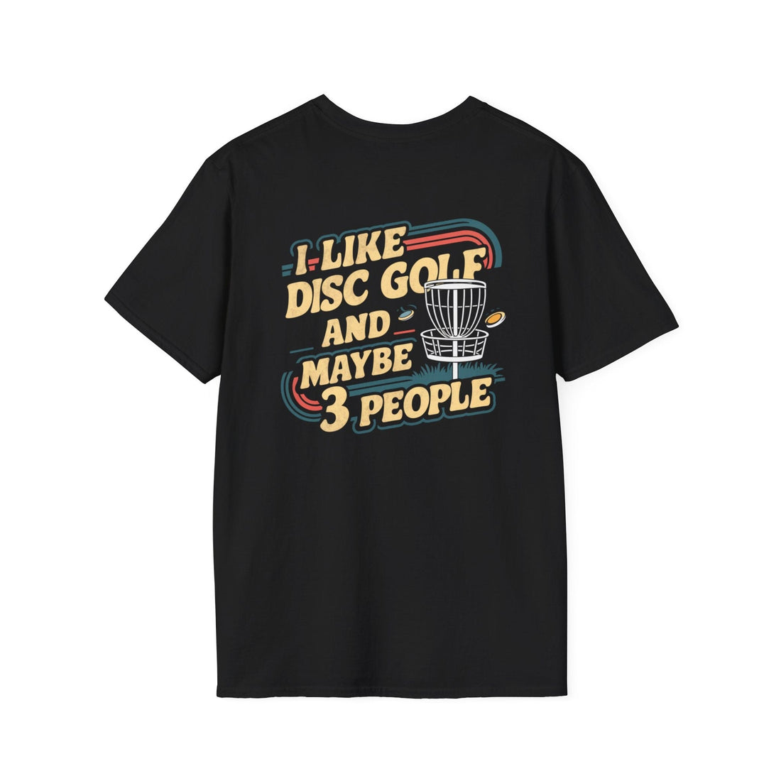 a black shirt with retro lettering that says I like disc golf and maybe 3 people