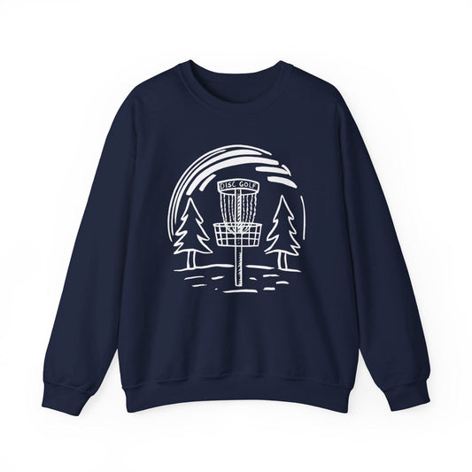 Simple Hand-Drawn Disc Golf Basket and Trees (White Print) - Unisex Heavy Blend™ Crewneck Sweatshirt