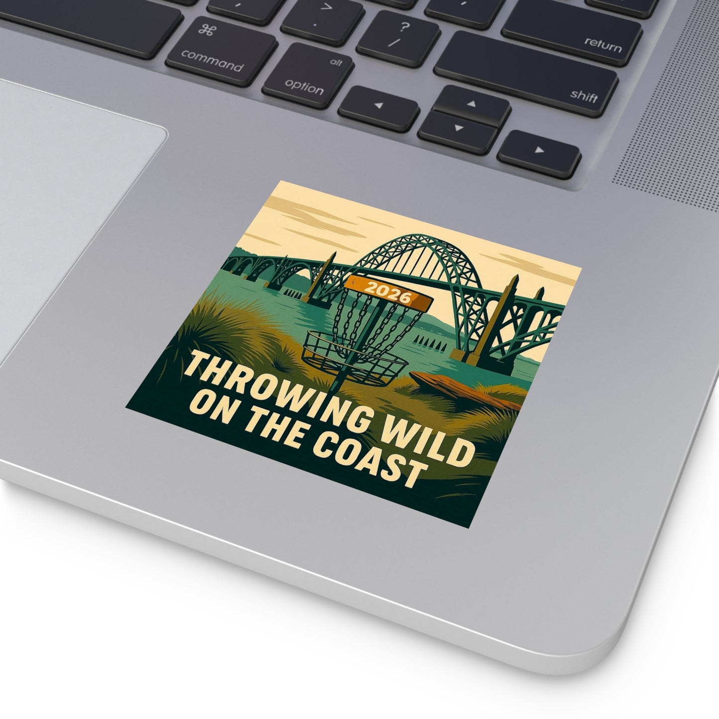 Throwing Wild on the Coast Square Sticker — 2026 Disc Golf Bridge Design