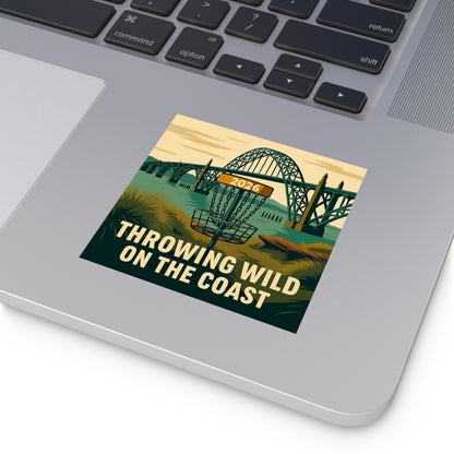 Throwing Wild on the Coast Square Sticker — 2026 Disc Golf Bridge Design