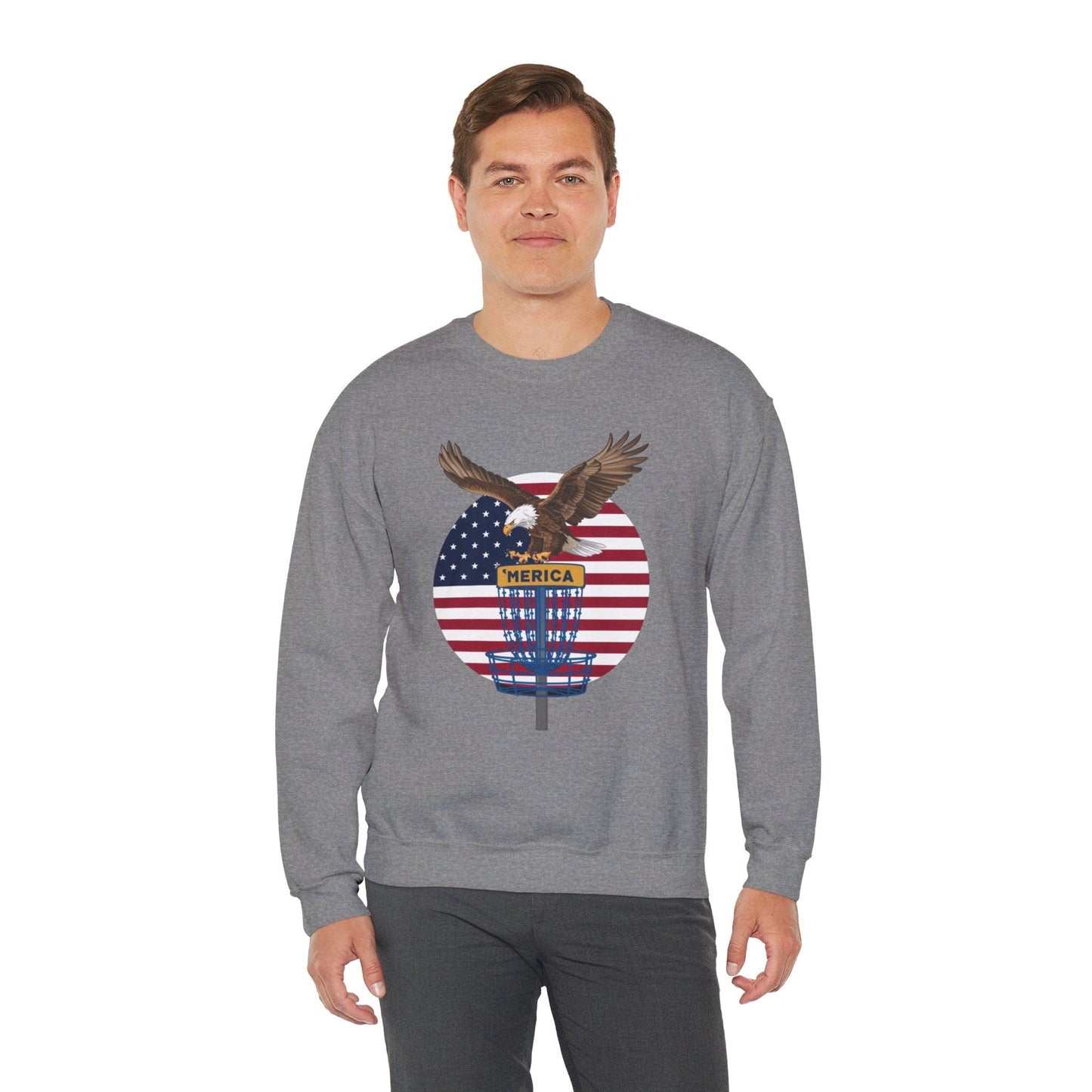 Disc Golf Sweatshirt - American Flag Eagle Disc Golf Basket  - Unisex Heavy Blend™ Crewneck Sweatshirt