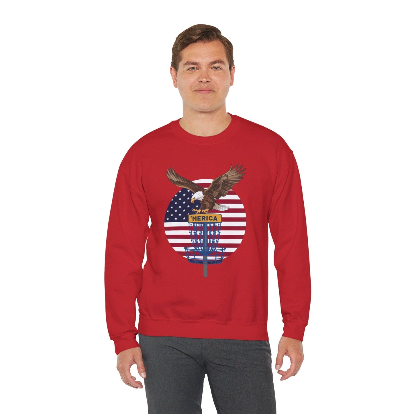 Disc Golf Sweatshirt - American Flag Eagle Disc Golf Basket  - Unisex Heavy Blend™ Crewneck Sweatshirt