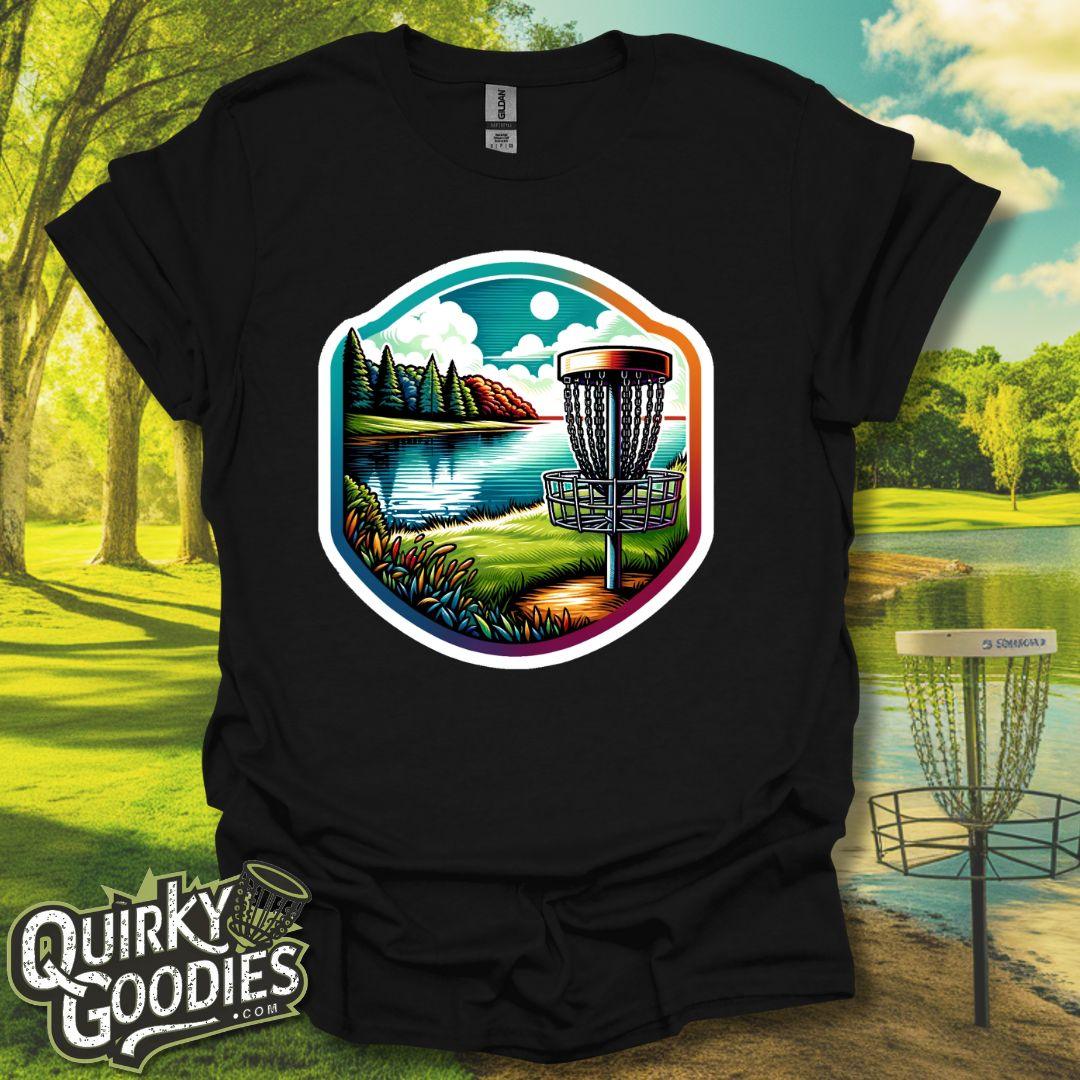 Lakeside Scenery - "Serene Disc Golf Course" - Unisex Jersey T-Shirt - Outdoor rec tee