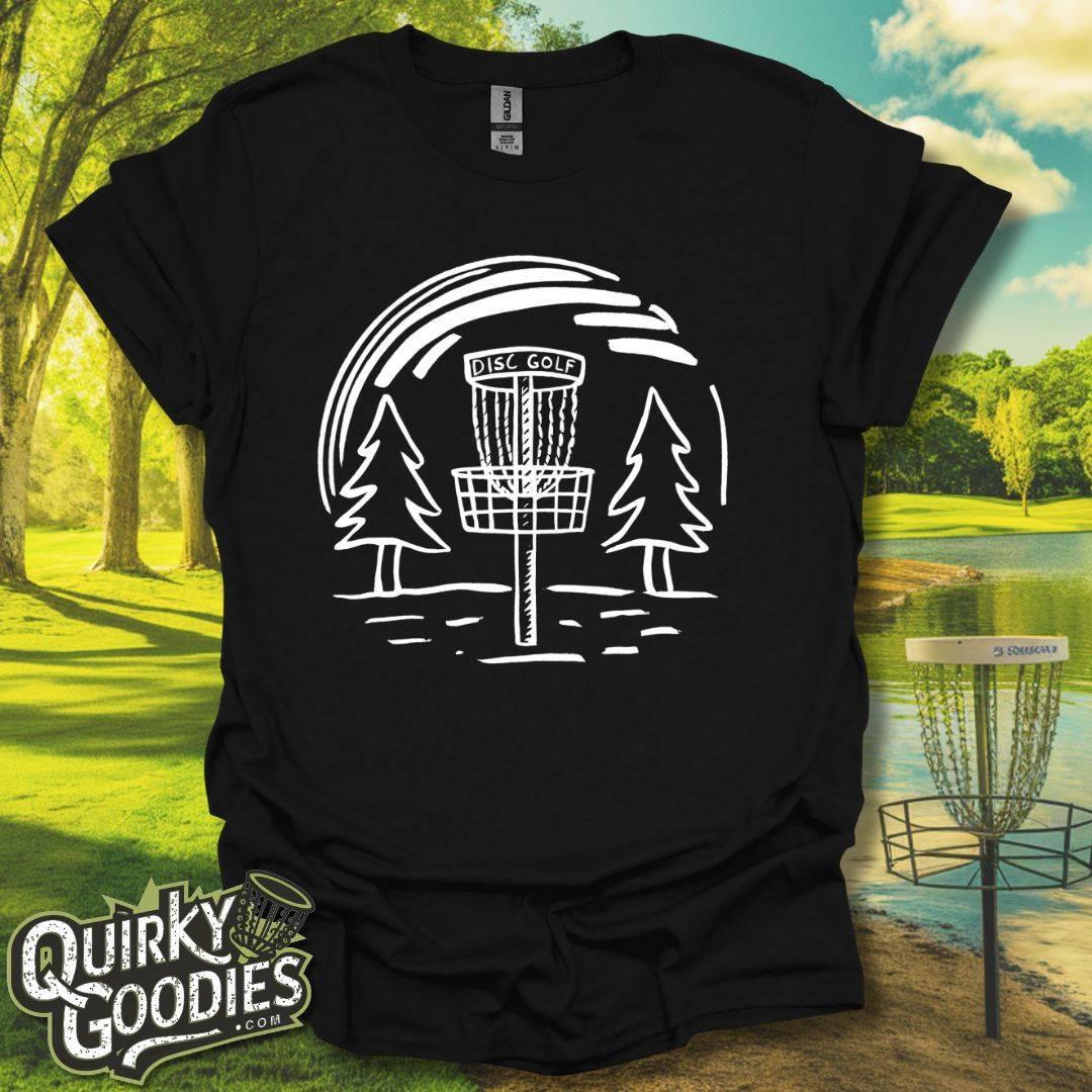 Hand-drawn Disc Golf Basket and Trees T-Shirt