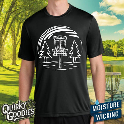 Hand-drawn Disc Golf Basket and Trees - Sweat-Wicking T-Shirt