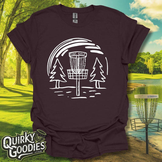 Hand-drawn Disc Golf Basket and Trees T-Shirt