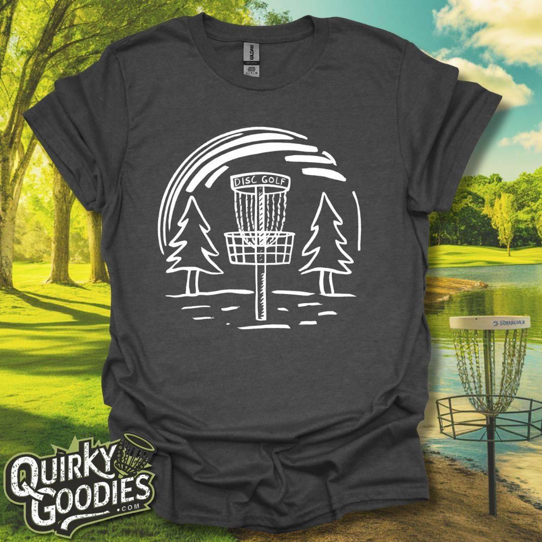 Hand-drawn Disc Golf Basket and Trees T-Shirt