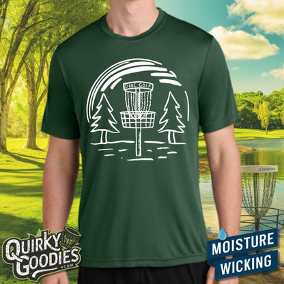 Hand-drawn Disc Golf Basket and Trees - Sweat-Wicking T-Shirt