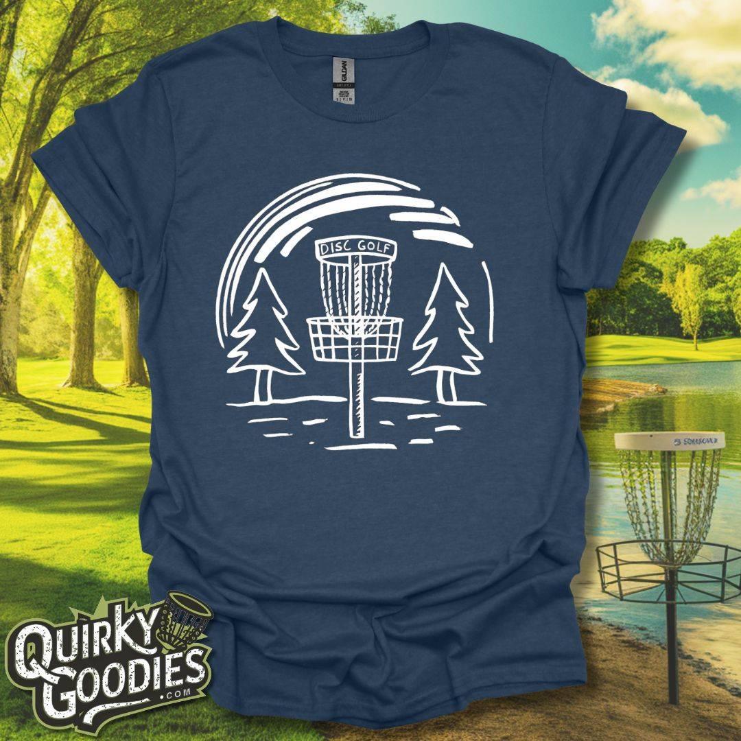 Hand-drawn Disc Golf Basket and Trees T-Shirt