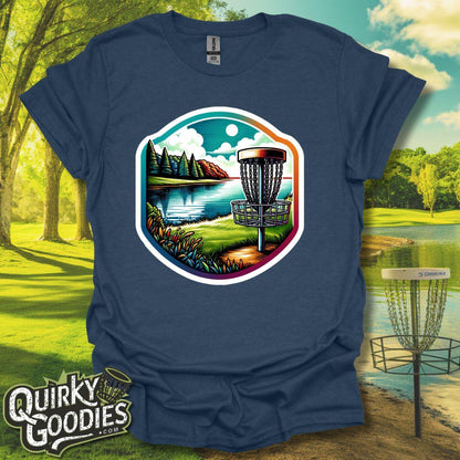 Lakeside Scenery - "Serene Disc Golf Course" - Unisex Jersey T-Shirt - Outdoor rec tee