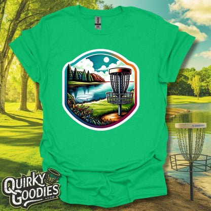 Lakeside Scenery - "Serene Disc Golf Course" - Unisex Jersey T-Shirt - Outdoor rec tee