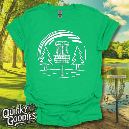 Hand-drawn Disc Golf Basket and Trees T-Shirt