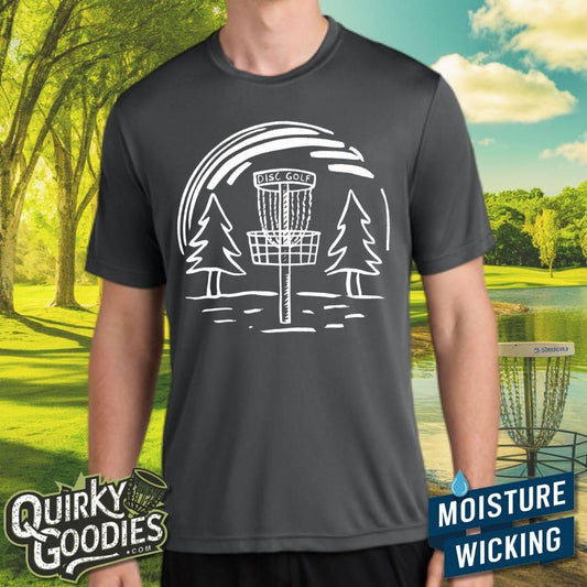 Hand-drawn Disc Golf Basket and Trees - Sweat-Wicking T-Shirt