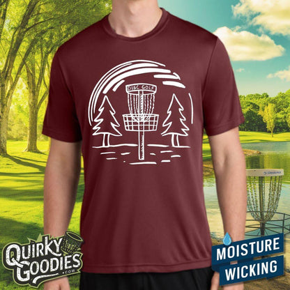 Hand-drawn Disc Golf Basket and Trees - Sweat-Wicking T-Shirt