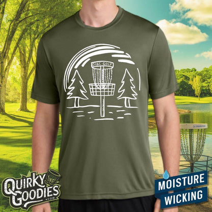 Hand-drawn Disc Golf Basket and Trees - Sweat-Wicking T-Shirt