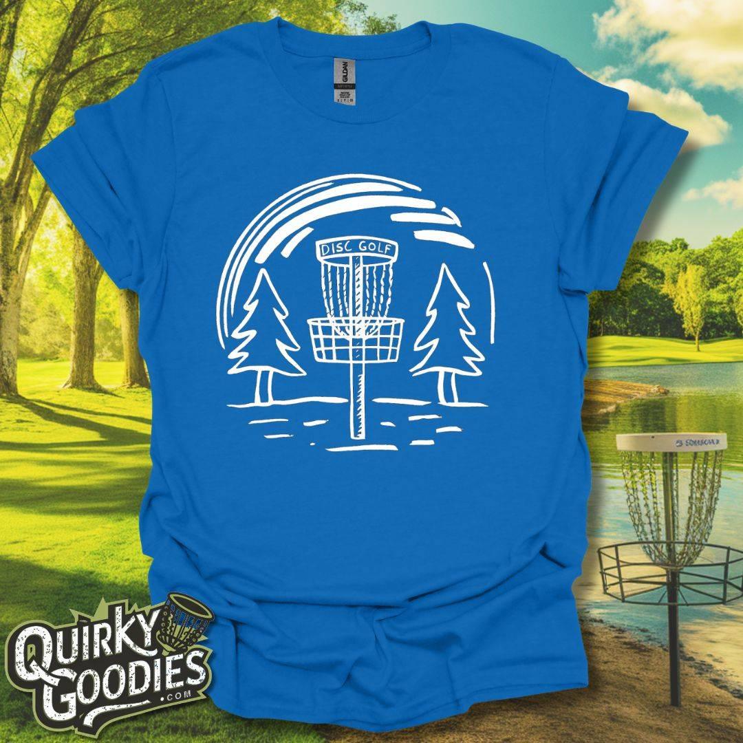 Hand-drawn Disc Golf Basket and Trees T-Shirt