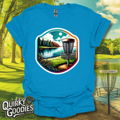 Lakeside Scenery - "Serene Disc Golf Course" - Unisex Jersey T-Shirt - Outdoor rec tee