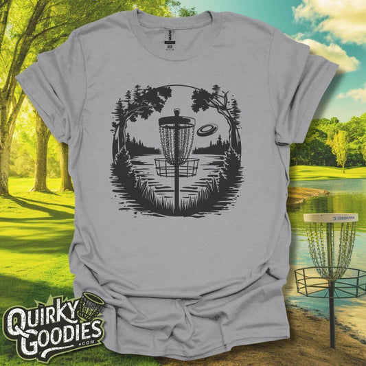 Disc Golf Scene Basket by Lake T-Shirt