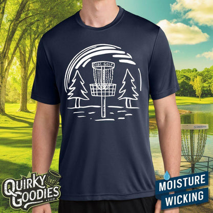 Hand-drawn Disc Golf Basket and Trees - Sweat-Wicking T-Shirt