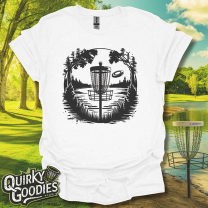 Disc Golf Scene Basket by Lake T-Shirt