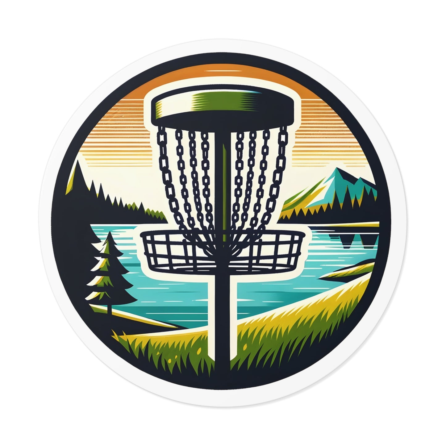 Disc Golf Basket by Lake Vintage Sticker - Round Vinyl Stickers - Quirky Goodies
