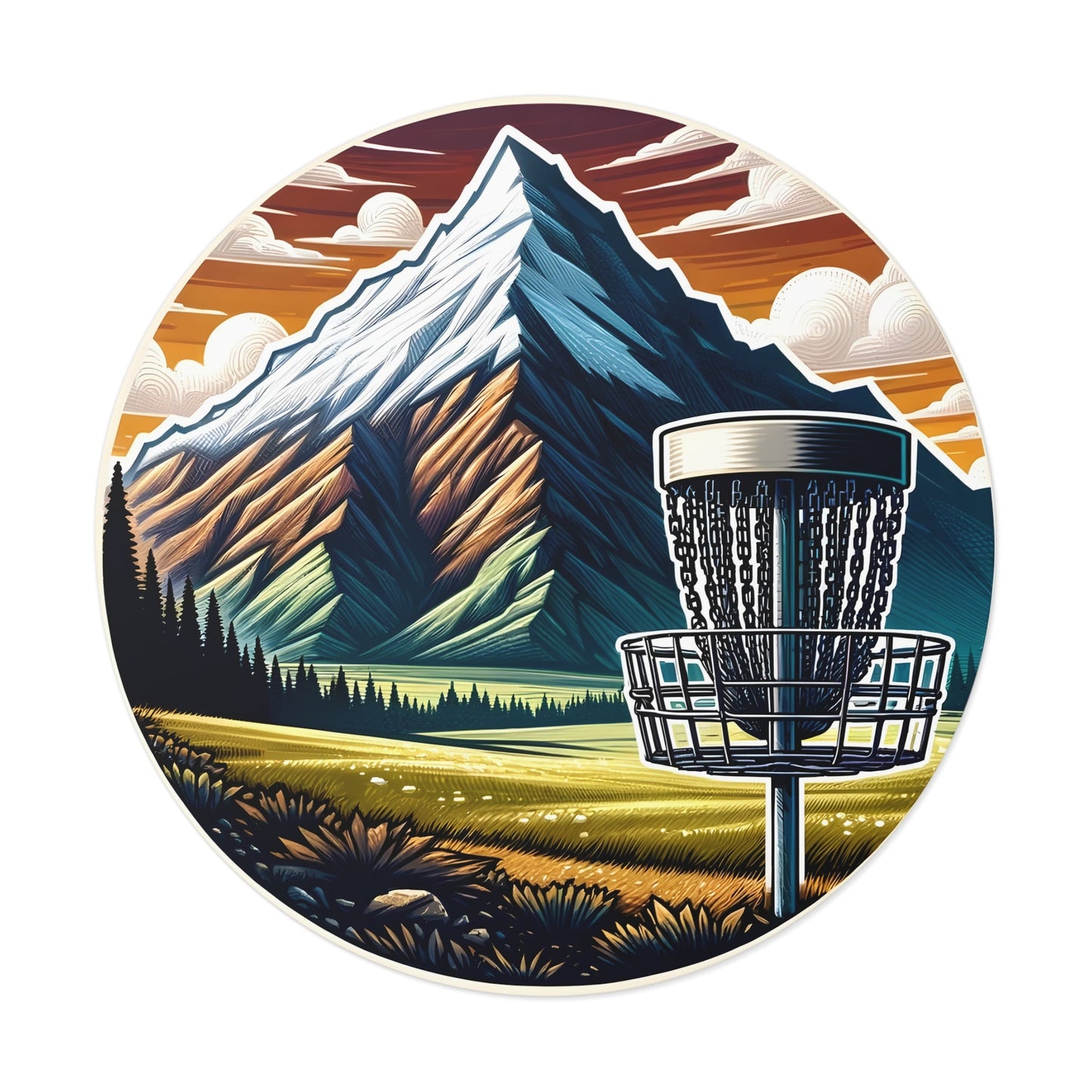 Disc Golf Basket by Mountain Sticker v1 Round Vinyl Stickers - Quirky Goodies