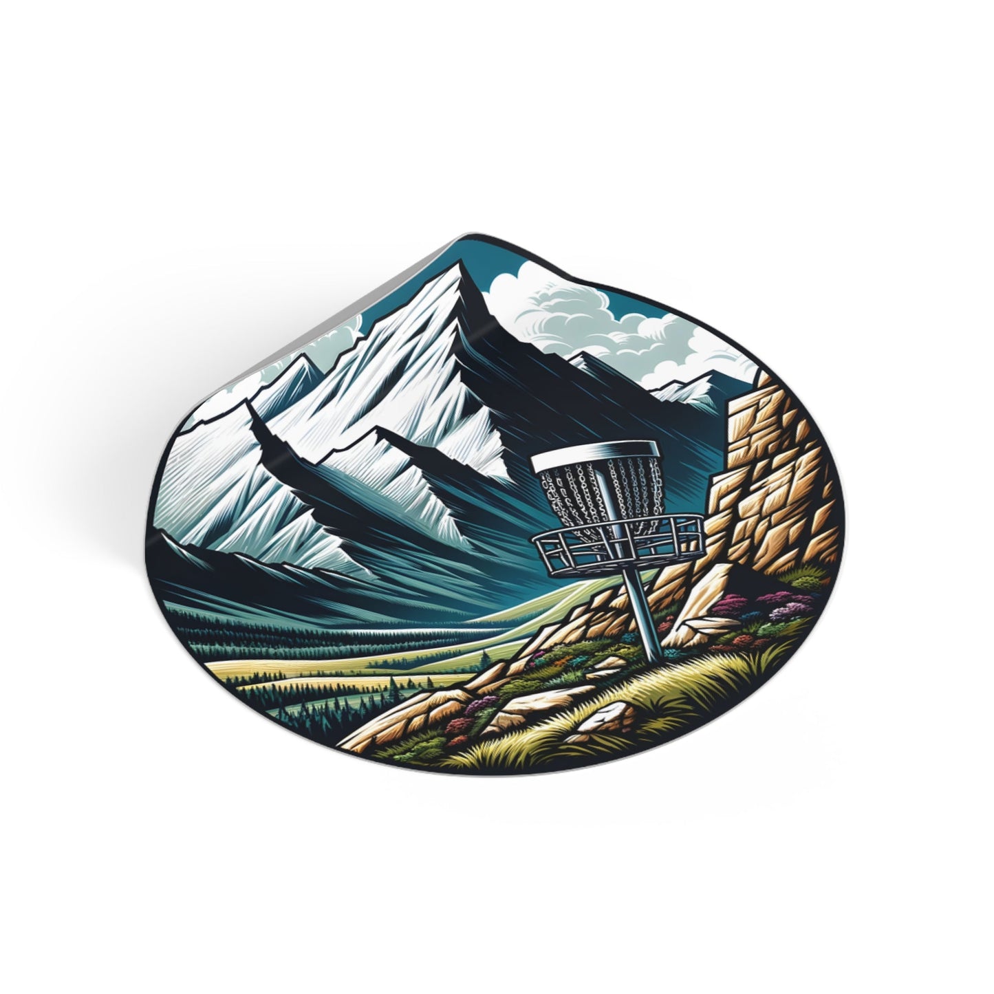 Disc Golf Basket by Mountain v2 - Round Vinyl Stickers - Quirky Goodies