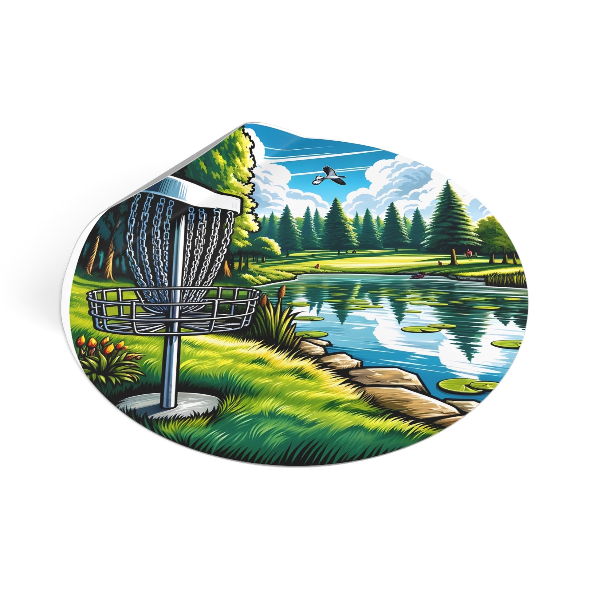 Disc Golf Basket by Pond v1 Sticker - Round Vinyl Stickers - Quirky Goodies