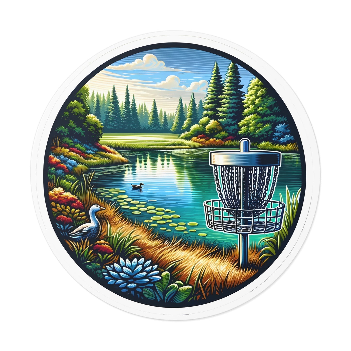 Disc Golf Basket by Pond v3 - Round Vinyl Stickers - Quirky Goodies