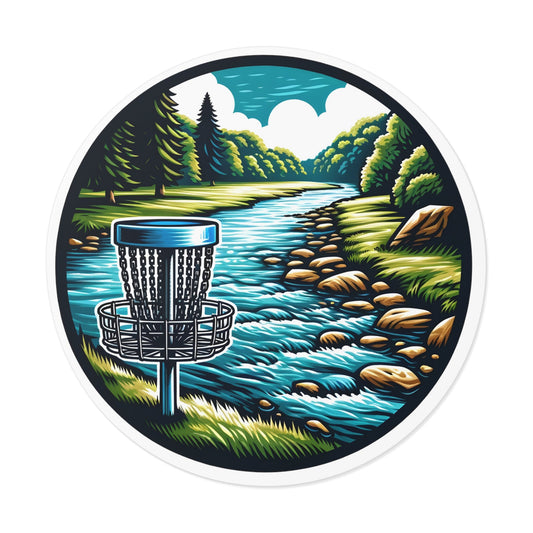 Disc Golf Basket by River v1 Sticker - Round Vinyl Stickers - Quirky Goodies