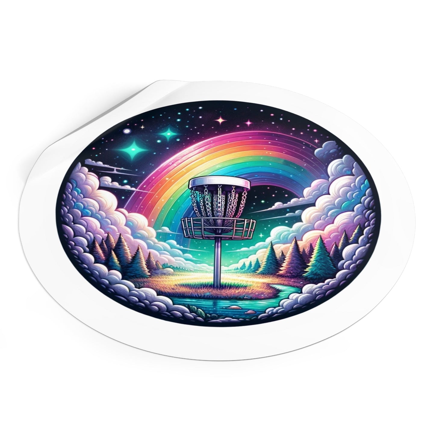 Disc Golf Basket Galaxy Rainbow - Round Vinyl Stickers - Quirky Goodies