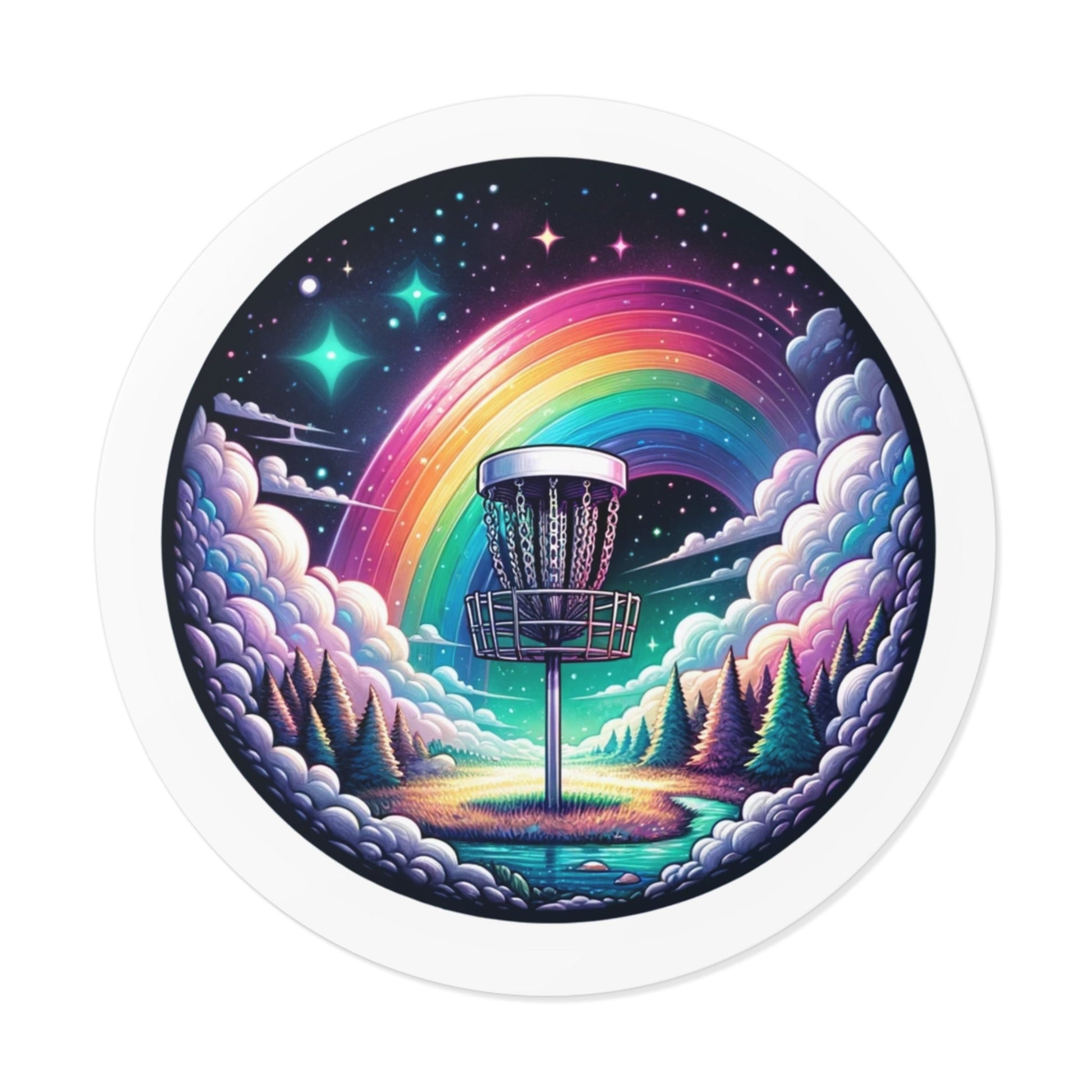 Disc Golf Basket Galaxy Rainbow - Round Vinyl Stickers - Quirky Goodies