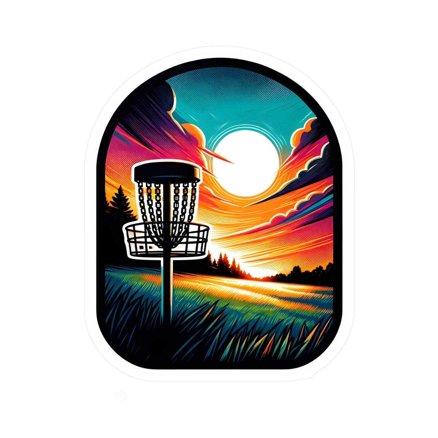 Disc Golf Basket Sunset Sticker v1 - Kiss-Cut Vinyl Decals - Quirky Goodies