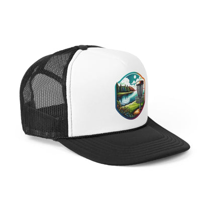 Disc Golf Hat - Scenic Disc Golf Basket and Lake Scene- Trucker Hat - Trucker Caps - Quirky Goodies