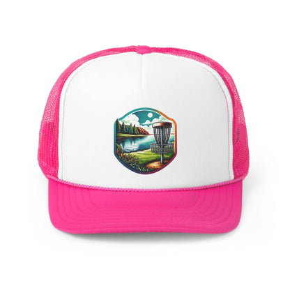 Disc Golf Hat - Scenic Disc Golf Basket and Lake Scene- Trucker Hat - Trucker Caps - Quirky Goodies