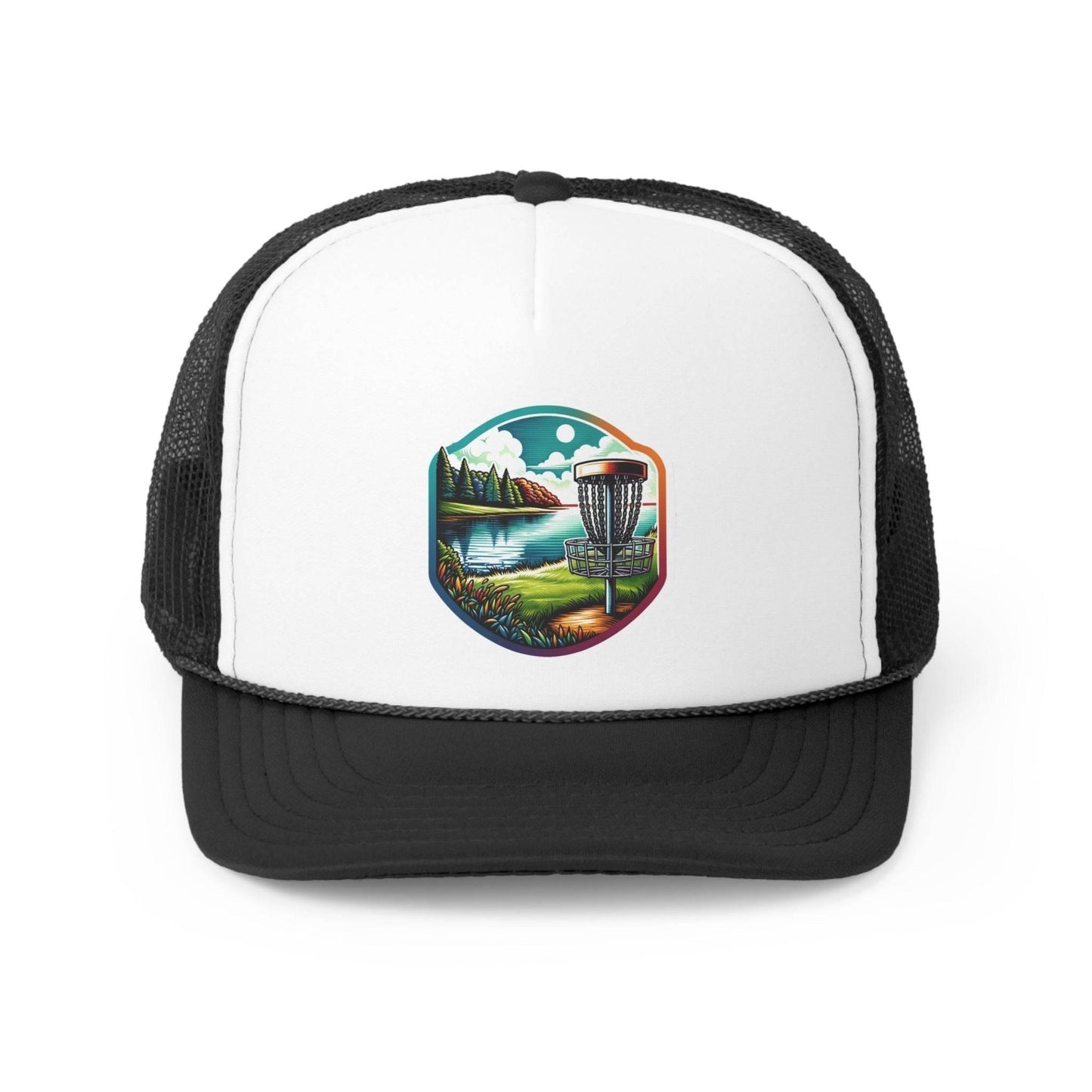 Disc Golf Hat - Scenic Disc Golf Basket and Lake Scene- Trucker Hat - Trucker Caps - Quirky Goodies