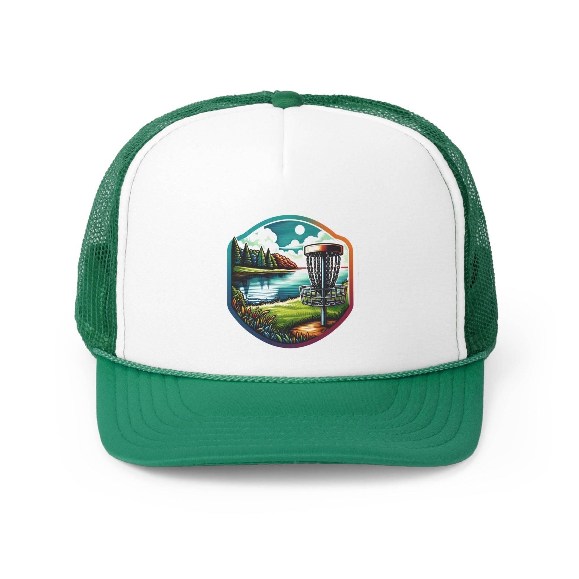 Disc Golf Hat - Scenic Disc Golf Basket and Lake Scene- Trucker Hat - Trucker Caps - Quirky Goodies