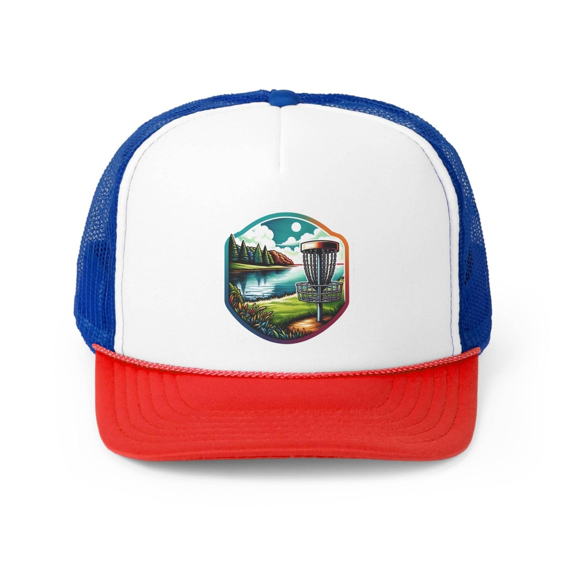 Disc Golf Hat - Scenic Disc Golf Basket and Lake Scene- Trucker Hat - Trucker Caps - Quirky Goodies