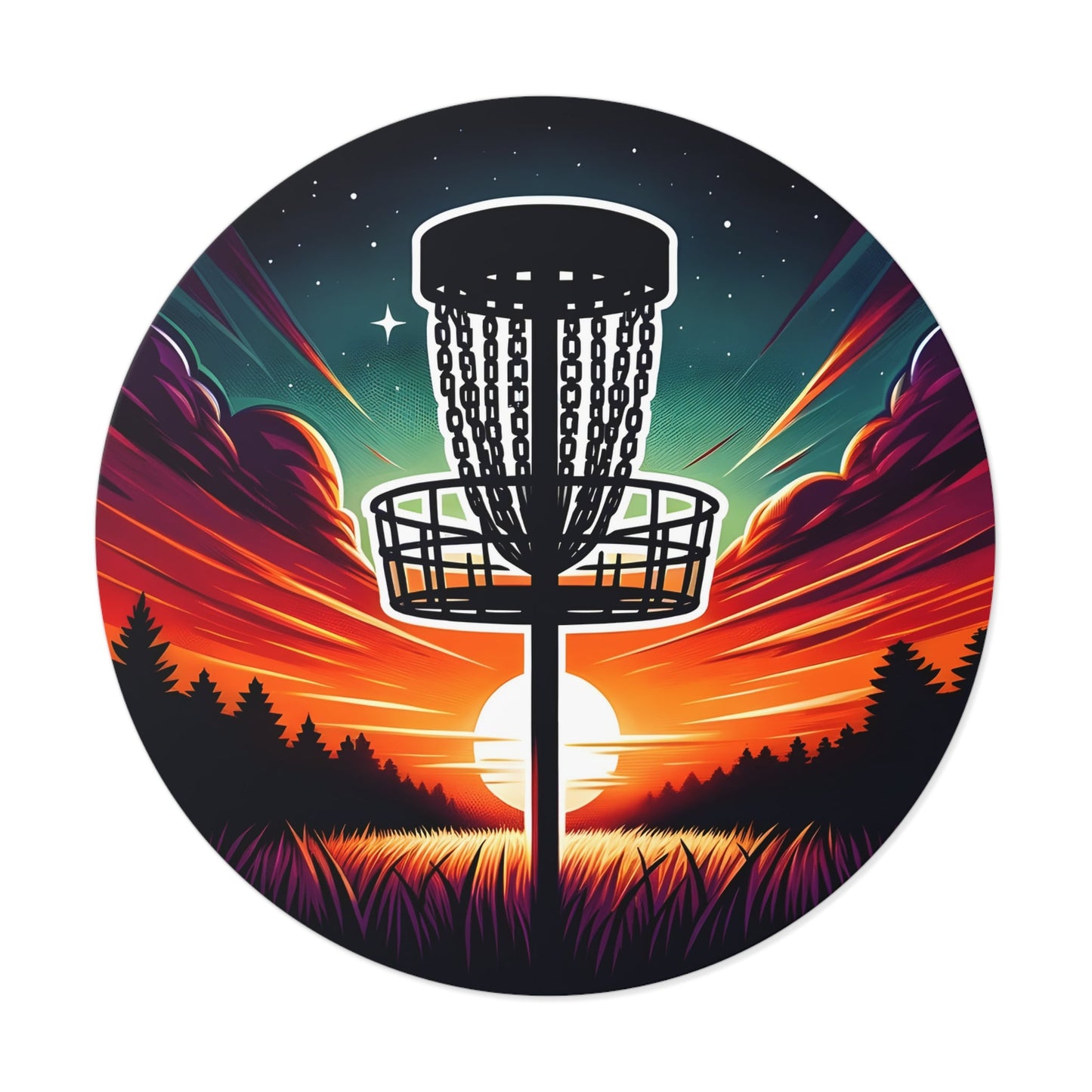 Disc Golf Sunset Basket v3 Sticker - Round Vinyl Stickers - Quirky Goodies