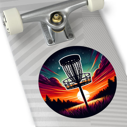 Disc Golf Sunset Basket v3 Sticker - Round Vinyl Stickers - Quirky Goodies