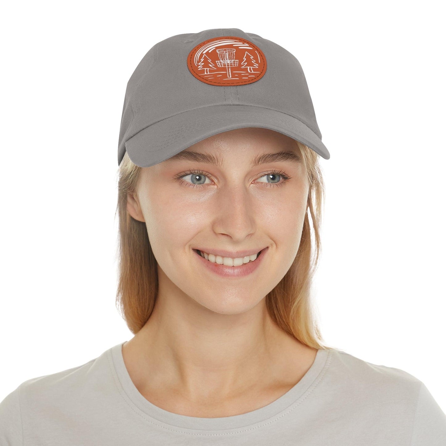 Fun Disc Golf Hat - Line Drawing of Trees and Disc Golf Basket - Dad Hat with Leather Patch (Round) - Quirky Goodies