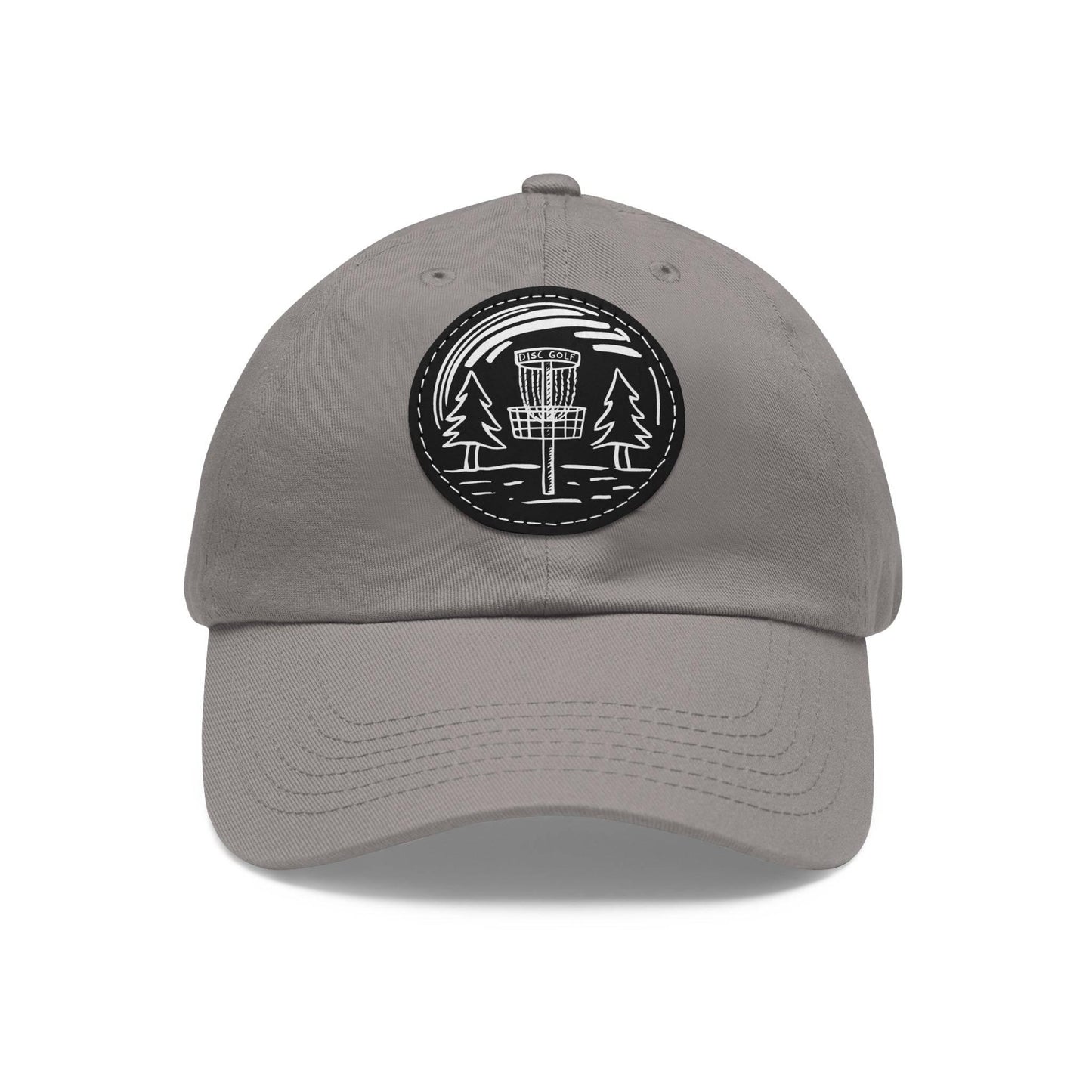 Fun Disc Golf Hat - Line Drawing of Trees and Disc Golf Basket - Dad Hat with Leather Patch (Round) - Quirky Goodies